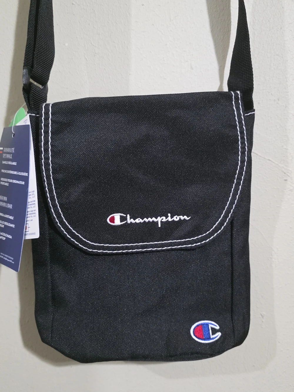 NWT Champion Uniform Crossbody Bag Black Wirh Whitr Stitching